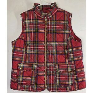 St John's Bay Quilted Vest Womens XXL Red Plaid Puffer Full Zip Utility Outdoor